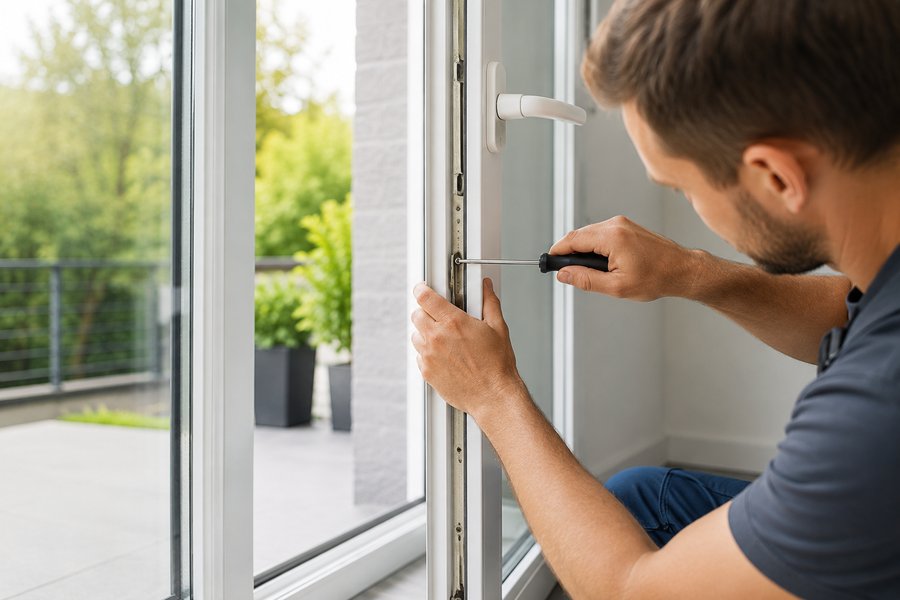 Monteur repariert einen Fensterbeschlag